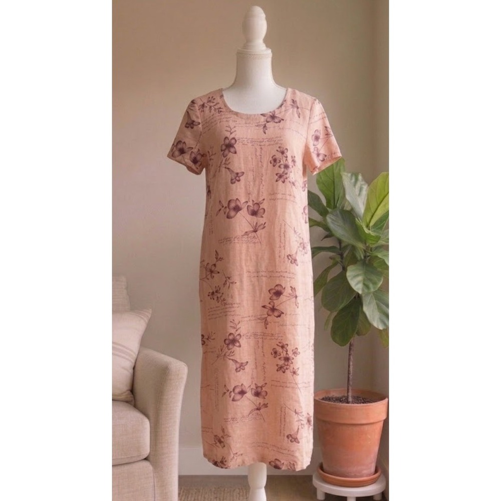 Sweet Jessie Dress L Petite Pink Linen Floral Script Short Sleeve Maxi Relaxed